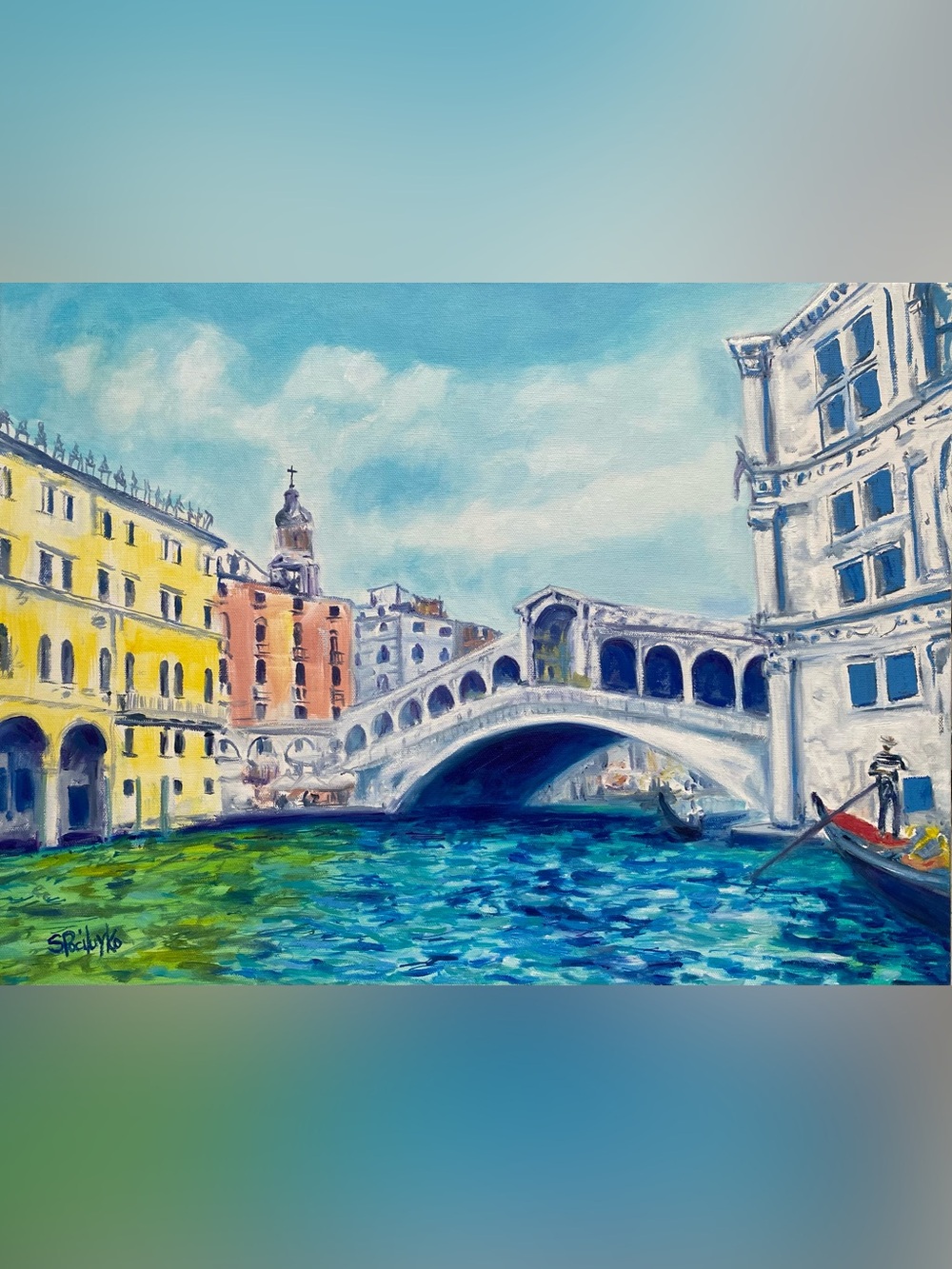 Venice Rialto Bridge Blue & Teal Oil on Canvas Art Print - Unbranded